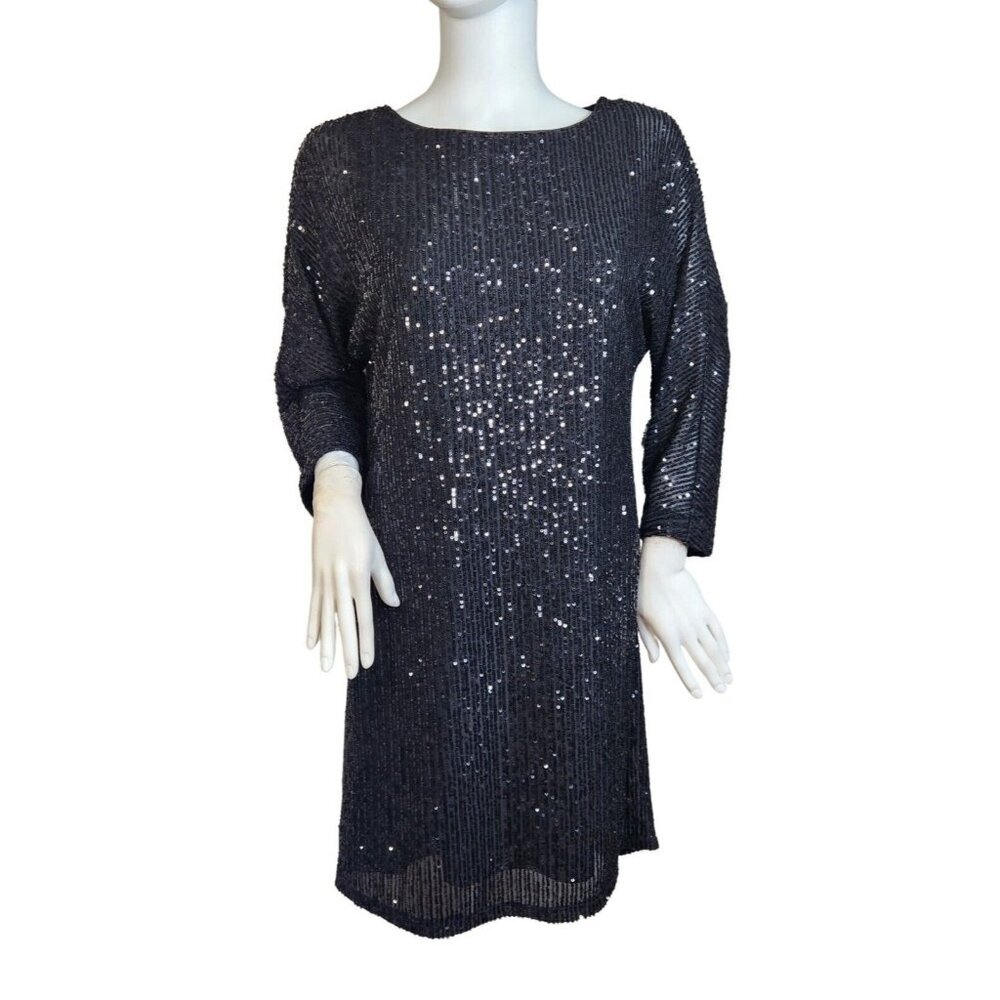 VINCE CAMUTO Women's Sparkle Black Sequin 3/4 Sleeve Mid Dress Size XS (12)